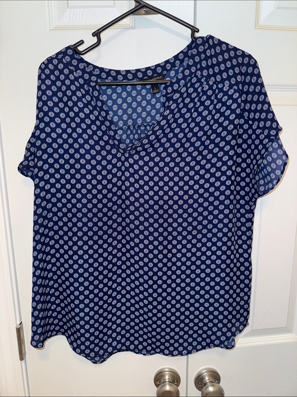 Navy Blue Polka Dot Short Sleeve Blouse